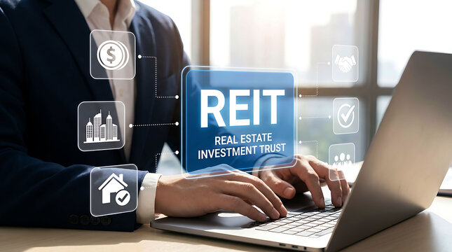 A businessman typing on a laptop with holographic REIT graphics floating above