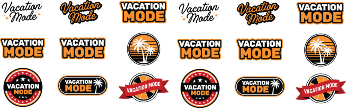 Set of vacation mode typography logos, summer holiday emblems with palm trees, sunset stripes, and vintage badges for apparel, stickers, and travel designs