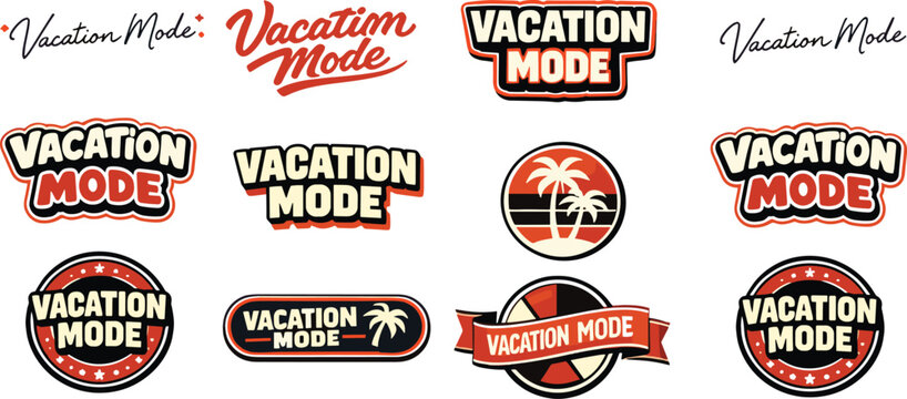 Set of vacation mode typography logos, emblems, and badges featuring palm trees, ribbons, and retro styles for summer travel and holiday designs
