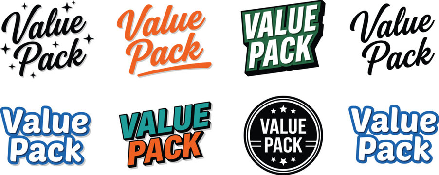 Set of value pack typography logos and badges in various styles, colors, and fonts for retail, marketing, and promotional product labeling