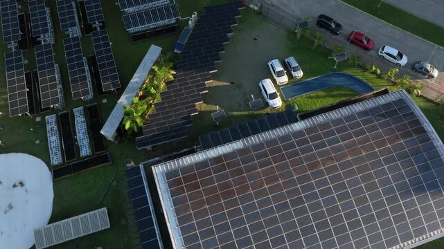 Solar Energy Research Facility with Rooftop and Ground-Mounted Photovoltaic Panels in Florian&oacute;polis, Brazil. Aerial View.