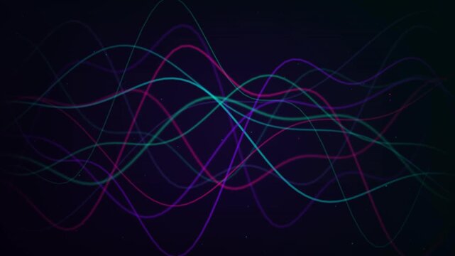 Colorful neon glowing audio sine waves flowing on dark background, ideal for technology backgrounds, music visualization and digital presentations