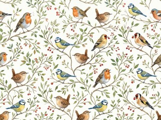 Obraz premium Small Bird Perched on a Branch Watercolor Seamless Pattern