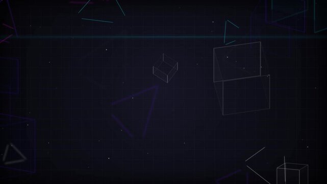 Abstract neon wireframe geometric shapes floating on a dark grid background, suitable for technology intros, sci-fi presentations and futuristic backgrounds