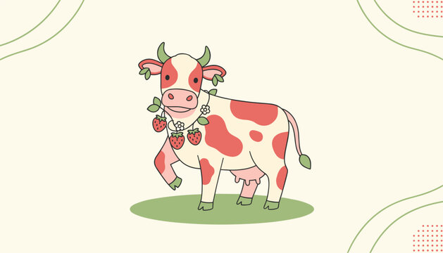 Whimsical cartoon illustration of a dairy cow decorated with a sweet strawberry necklace, standing on a patch of green grass.