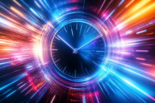 Vibrant lights swirl around a glowing clock face. Blinding streaks of neon blue, red, and purple radiate outward. Time appears to move at breakneck speed. The design evokes urgency, digital energy