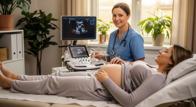 Friendly female sonographer performing ultrasound on smiling pregnant woman, showing baby on screen