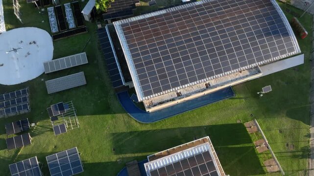 Multiple Solar Panel Technologies at a Renewable Energy Research and Innovation Facility in Florian&oacute;polis, Brazil. Aerial View.