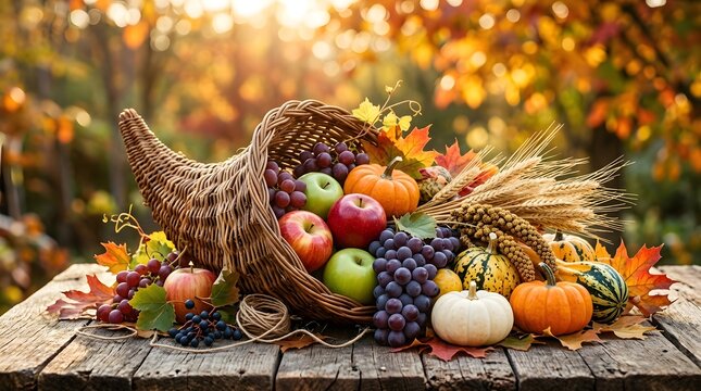 Thanksgiving cornucopia filled with fresh autumn harvest fruits and vegetables