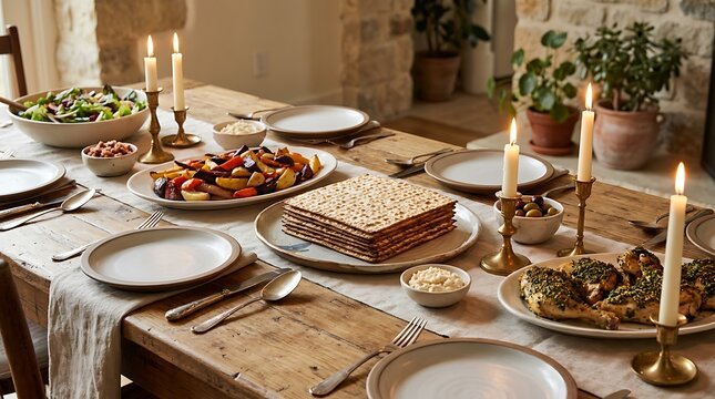 Passover seder dinner table set with matzah bread and traditional food on a wooden table. Matzah dinner