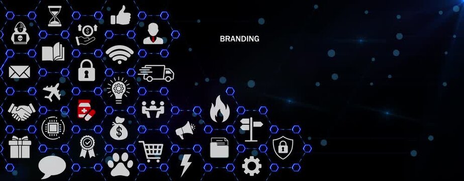 Branding strategy with connected corporate icons, digital network symbols and modern marketing elements across a sleek dark technology background