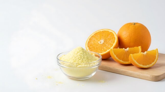 Orange fruit powder in a small glass bowl with fresh orange slices on a wooden cutting board. vitamin c powder