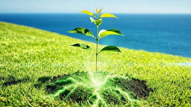 Businessman planting green sapling on sunny ocean cliff
