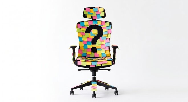 Empty office chair covered in colorful sticky notes with a question mark, overwhelming workload and confusion concept.