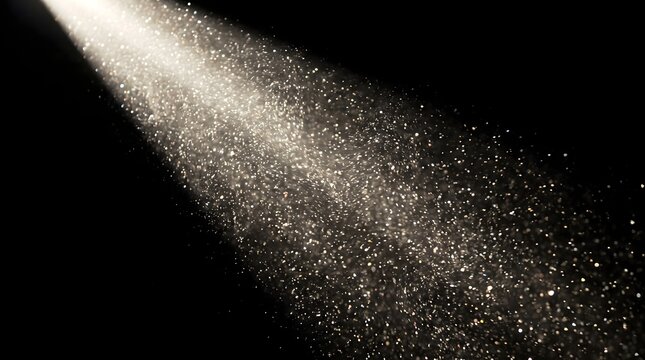 Bright light beam with glowing dust particles and glitter overlay on black background.