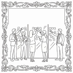 Fototapeta premium Elegant monochrome business meeting illustration with ornate frame, concept for teamwork, corporate collaboration and professional networking use cases