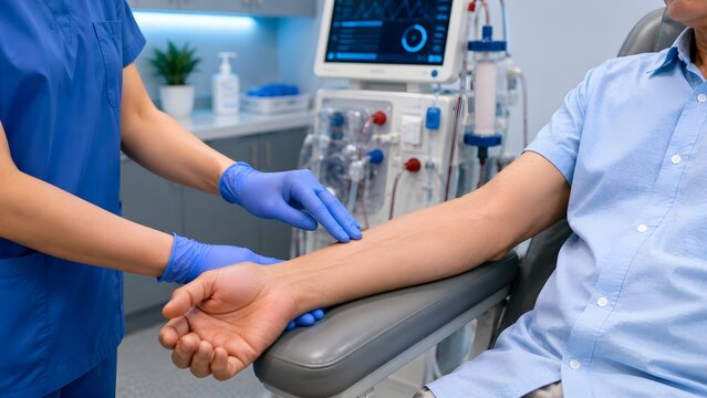 Healthcare Professional Assessing AV Fistula Before Hemodialysis Treatment