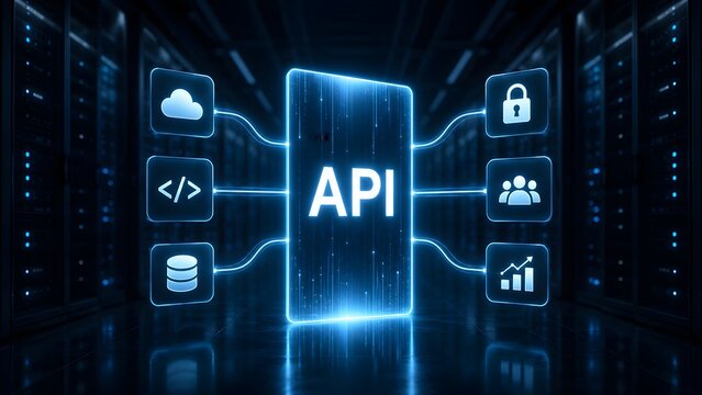 Glowing Blue API Concept with Connected Network Icons in Dark Data Center Server Room Environment