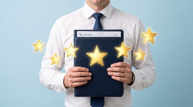 Businessman holding folder with glowing five gold stars floating around, representing excellent customer service rating, positive feedback, standard, performance review, success
