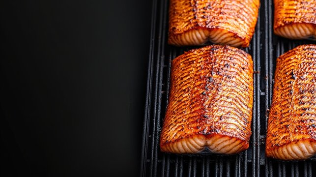 Grilled salmon fillets with crispy, charred skin on a black grill, highlighting a deliciously cooked texture and rich orange color.