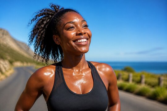 Sunlit runner smiles, sweat glistens on her skin. Black tank top clings to her toned physique. Coastline stretches behind her, blue sky above. She moves forward with joy, energy, and freedom