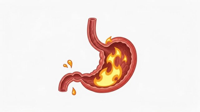 Anatomical of a human stomach with internal fire representing heartburn, acid reflux, and severe gastric pain, flat	