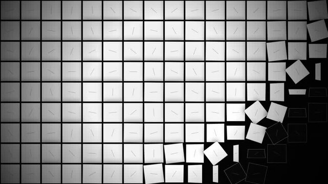 Monochrome grid of rotating square tiles over black background, suitable for motion graphics, video transitions and high-tech presentations