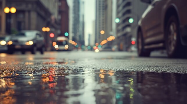 City skyline reflecting in water puddles after rainfall captured from a low angle perspective
