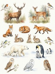 Fototapeta premium Watercolor Forest and Arctic Animals Collection - Deer, Fox, Rabbit, Polar Bear, Penguin, and Owl Illustrations