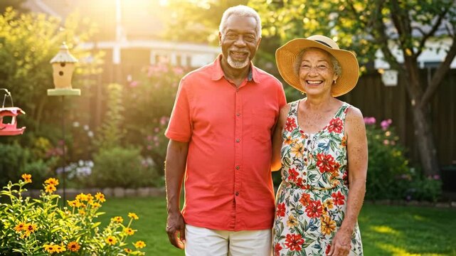 Happy senior interracial couple smiling in their sunny backyard garden.