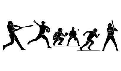 Obraz premium Vintage baseball player silhouette icon set with batting pitching and fielding poses vector illustration