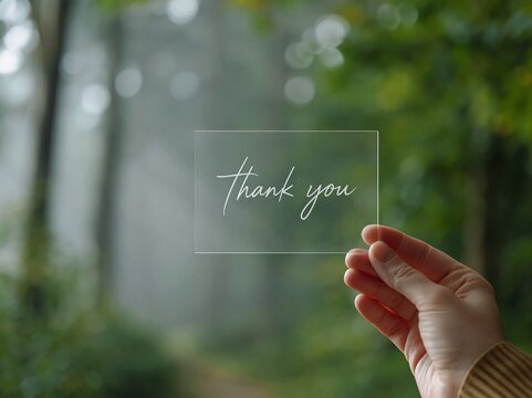 Elegant handwritten thank you note in beautiful calligraphy set against a vibrant green forest backdrop