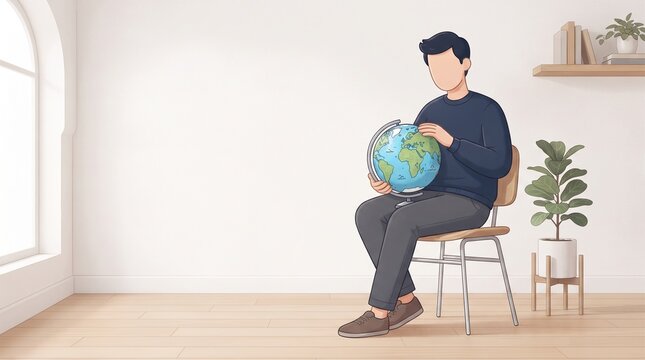 Faceless male character sitting with a globe on his lap, illustrating geography education, world awareness, global knowledge, travel planning and exploration.