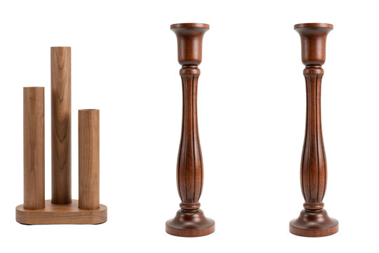 Three wooden candle holders, one triple cylinder stand and two tall turned pillar candlesticks isolated on a transparent background
