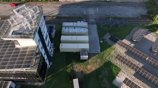 Solar Energy Technology Center with Rooftop Solar Panels, Ground-Mounted Arrays and Photovoltaic Research Systems in Florian&oacute;polis, Brazil. Aerial View.