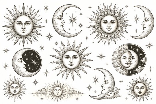 Sun and moon faces glow with serene wisdom. Stars scatter around celestial beings in soft, hand-drawn style. Hand-drawn art blends cosmic energy and ancient mysticism. Perfect for magical, spiritual