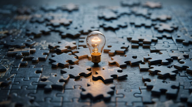 creative problem solving concept with glowing light bulb and puzzle pieces