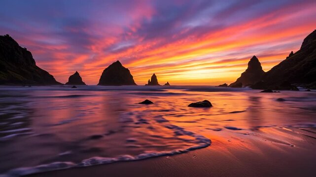 Vibrant sunset paints the sky over a dramatic coastal landscape with sea stacks and ocean waves.