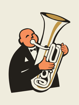 A retro flat vector illustration of a bald man in a tuxedo playing a large tuba horn.