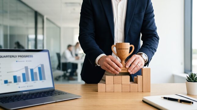 Businessman holding wooden trophy labeled achievement standing on stacked blocks representing growth, quarterly progress chart on laptop screen, corporate success and goal