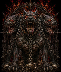 Fototapeta premium Cerberus-inspired mythical beast, three-headed hellhound, underworld mythology, demonic fantasy creature, gothic heavy metal artwork