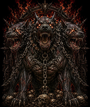 Cerberus-inspired mythical beast, three-headed hellhound, underworld mythology, demonic fantasy creature, gothic heavy metal artwork