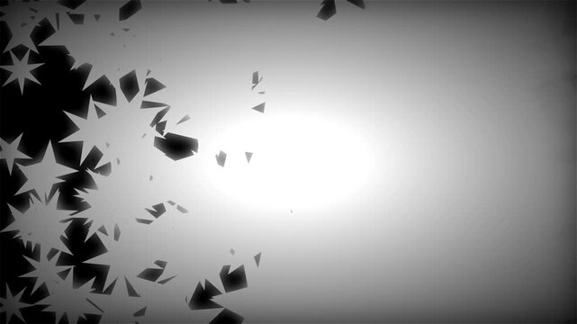 Dynamic black and white star shapes shifting across a bright gradient background, concept for celebration, motion graphics and digital design