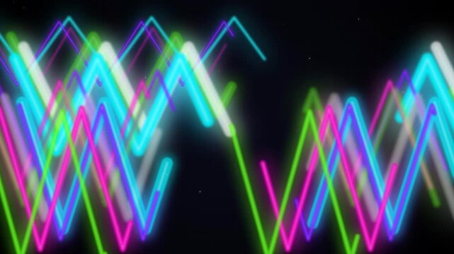 Vibrant neon zig-zag lines pulsating on a dark particle background, perfect for music concert backdrops, club VJ loops and digital art transitions
