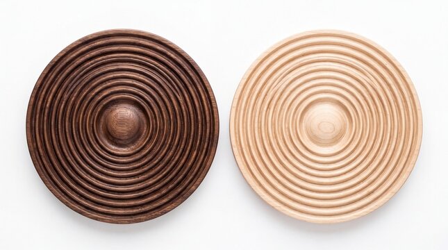 Two concentric circular wooden decorative plates with distinct light and dark natural grain on white background