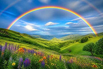 Obraz premium Vibrant rainbow arches above rolling green hills. Wildflowers bloom in golden, purple, and orange hues. Sky features soft clouds under bright blue expanse