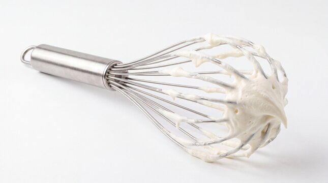 Metallic kitchen whisk covered in thick whipped cream resting horizontally on white background