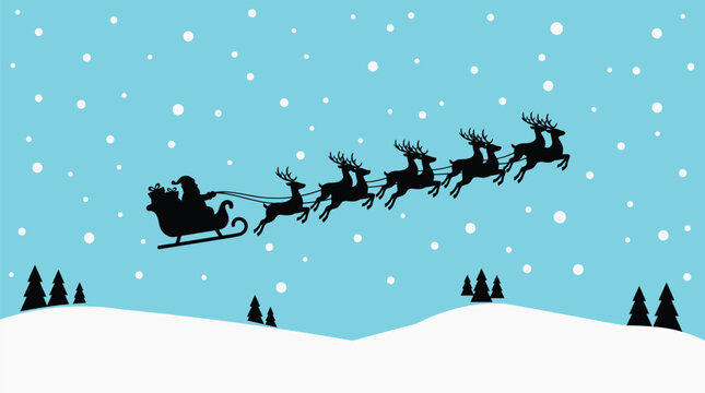 Santa claus and reindeer silhouette flies across a winter landscape with falling snow sleigh holiday