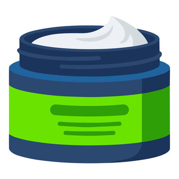 Open jar of white cream with green label cosmetic product illustration