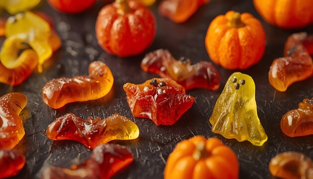 Close-up of assorted Halloween gummy candies including pumpkins, bats, worms, and ghosts scattered on a dark textured surface, featuring vibrant orange, red, and yellow colors.